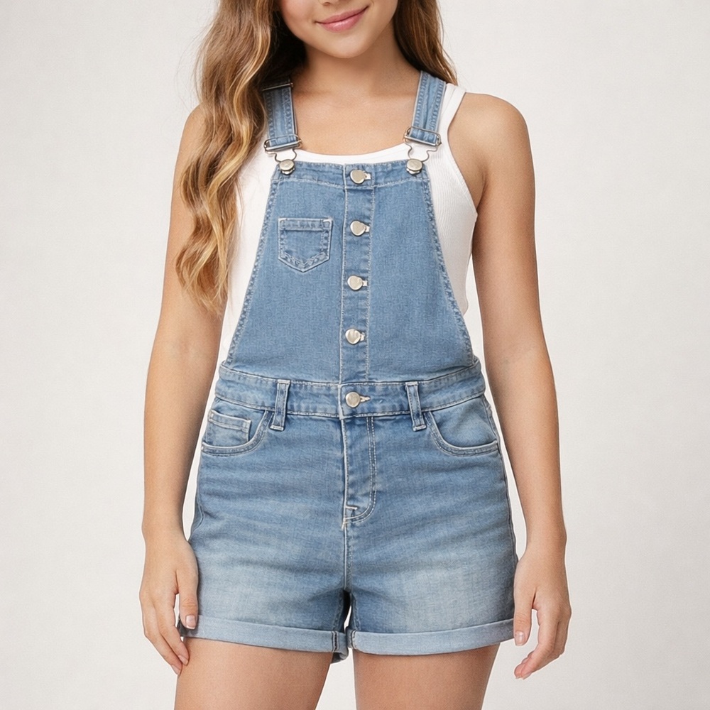 VIGOSS Girls Denim Heart Shaped Snap Overall Shorts Size Large 12/14